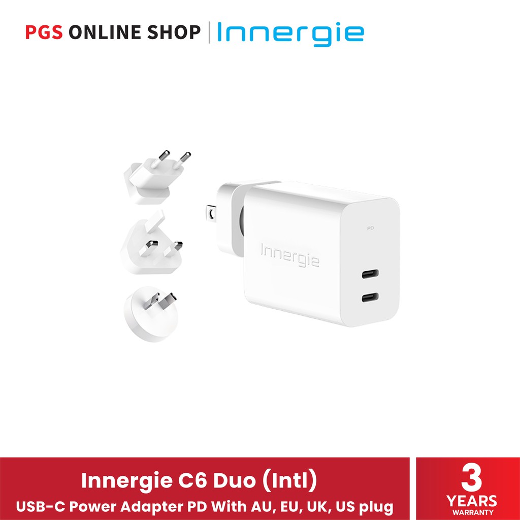 Innergie C6 Duo (Intl) USB-C Power Adapter 60W PD Fast Charge รองรับชาร์จเร็ว มาพร้อมหัวปลั๊กแบบ AU, EU, UK, US (สินค้าร