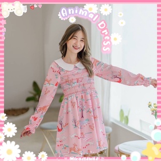 Animal Dress พร้อมส่ง มินิเดรสลายสัตว์น่ารักๆ สม็อคตัวช่ววบน โทนสีชมพู น่ารักๆ เดรสคอปก งานป้ายMiss Alley เดรสลายดอกไม้