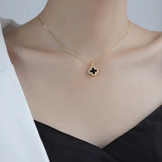 ชุดสร้อยคอ ต่างหู สเตนเลส จี้เพทาย รูปใบโคลเวอร์สี่แฉก สองด้าน