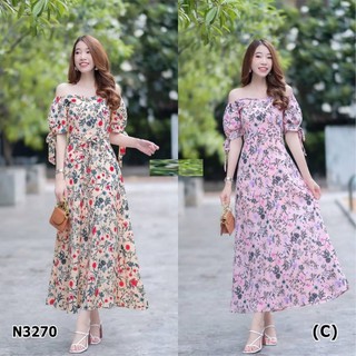 Maxi dress ลายดอกไม้สุดฮิตผูกโบว์ที่แขน ทรงแขนตุ๊กตามีสม๊อคยางที่หัวไหล่