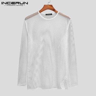 Incerun แฟชั่นเสื้อท็อปแขนยาวสลิมฟิตผ้าตาข่ายซีทรูสําหรับผู้ชาย