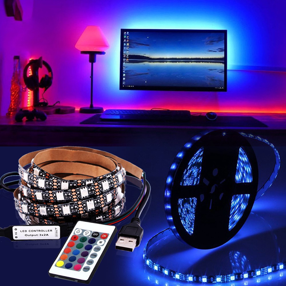 สายไฟ LED 5V USB ริบบิ้นยืดหยุ่น 5050 SMD พร้อมรีโมตคอนโทรล สําหรับทีวี/ห้องนั่งเล่น ตกแต่ง 1/2/3/5 เมตร