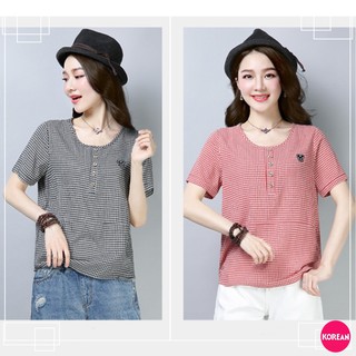 🎀Korean Fashion🎀เสื้อแฟชั่นลายสก็อต อกปักหัวมิกกี้เล็กๆ ผ้าฝ้ายผสมเส้นใยโพลีเอสเตอร์