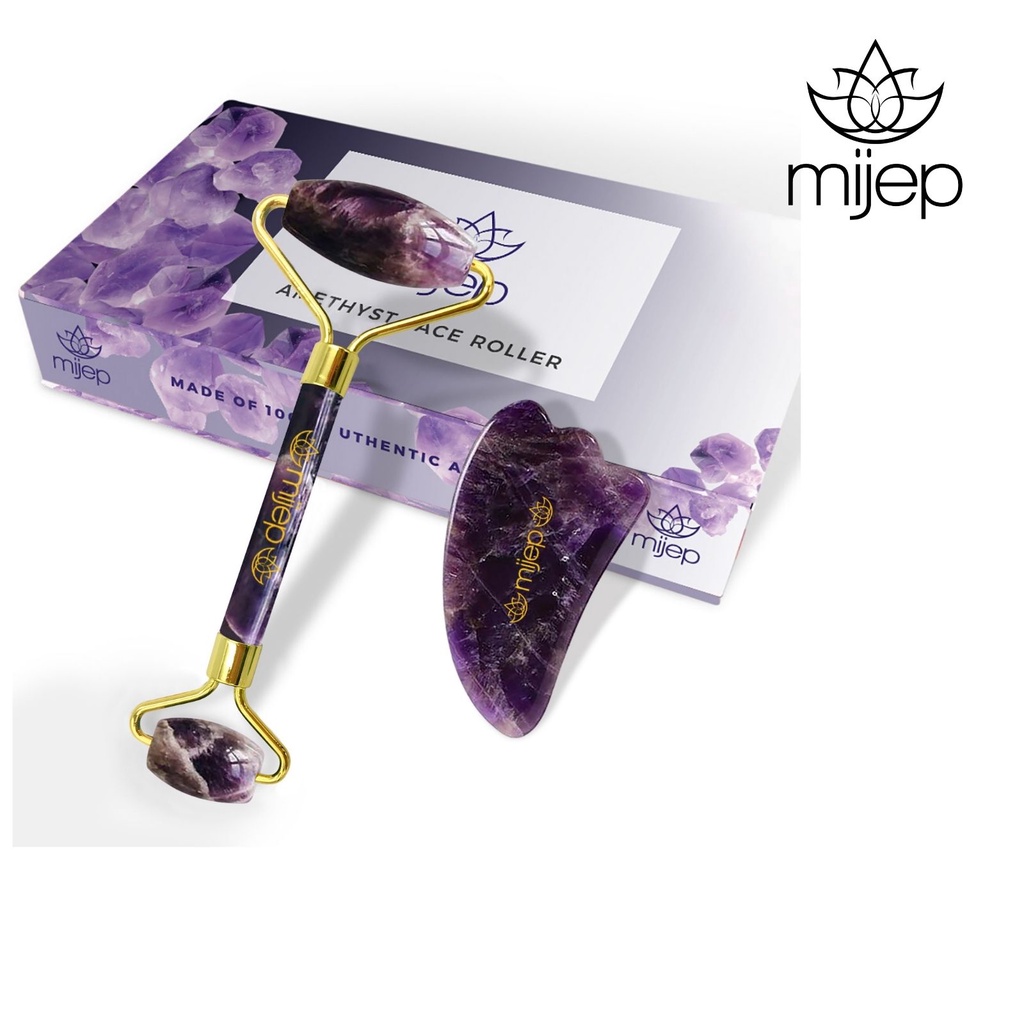 MIJEP Amethyst Roller & Gua Sha - Natural Stone Facial GuaSha and Face Massager Tools.