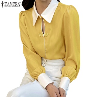 ZANZEA Women Korean Lapel Long Sleeve Button Hollow Hollow Out  Contrast Color  New Style Shirt