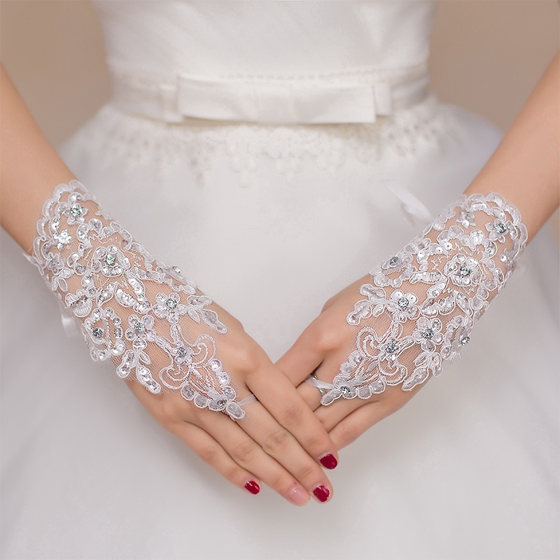 ถุงมือเปิดนิ้วมือพิมพ์ลายลูกไม้ประดับอัญมณีสําหรับผู้หญิง