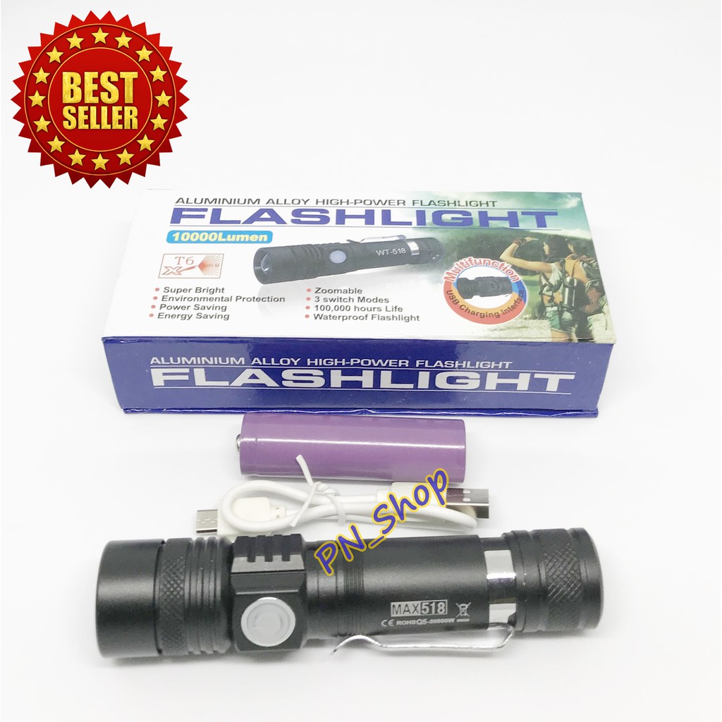 FLASH LIGHT ไฟฉาย หลอด T6 แรงชาร์จไฟผ่าน USB FLASH LIGHT T6 USB {MAX-518} ปรับโหมด 3 แบบ