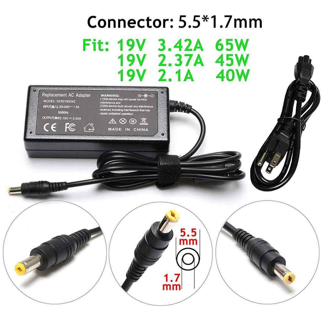19V 3.42A 65W AC Adapter Charger สําหรับ Acer Aspire E5-576G E5-575G E5-571P E5-573 E5-575 V3-571G V