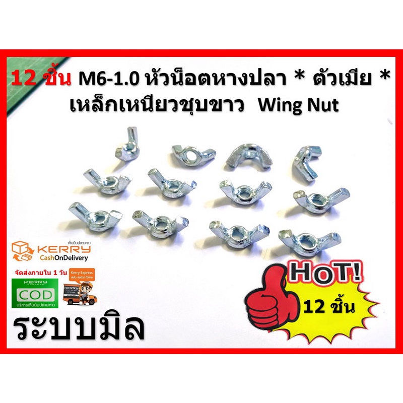 12 ชิ้น M6-1.0 หัวน็อตหางปลา * ตัวเมีย * เหล็กเหนียวชุบขาว  Wing Nut ( เกลียวมิล ) จัดส่งด่วน