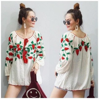 เสื้อแขนยาวปักมือ โบฮีเมี่ยน ผ้าฝ้ายแท้ 100% งานทำมือ พร้อมส่ง BOHOBKK Handmade Blouses Embroidery Tops