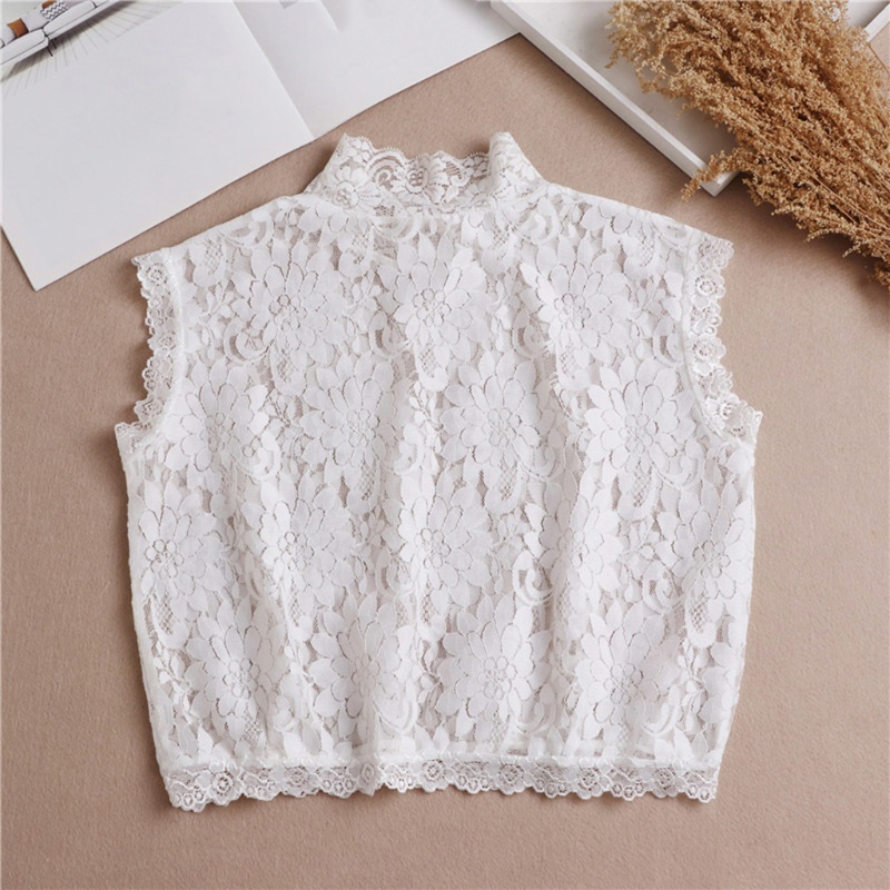 Whi ผู้หญิง Hollow Out ดอกไม้ลูกไม้ปลอมคอปกคอเต่าที่ถอดออกได้ DDickey ครึ่งเสื้อ Elegant ตกแต่ง Sle