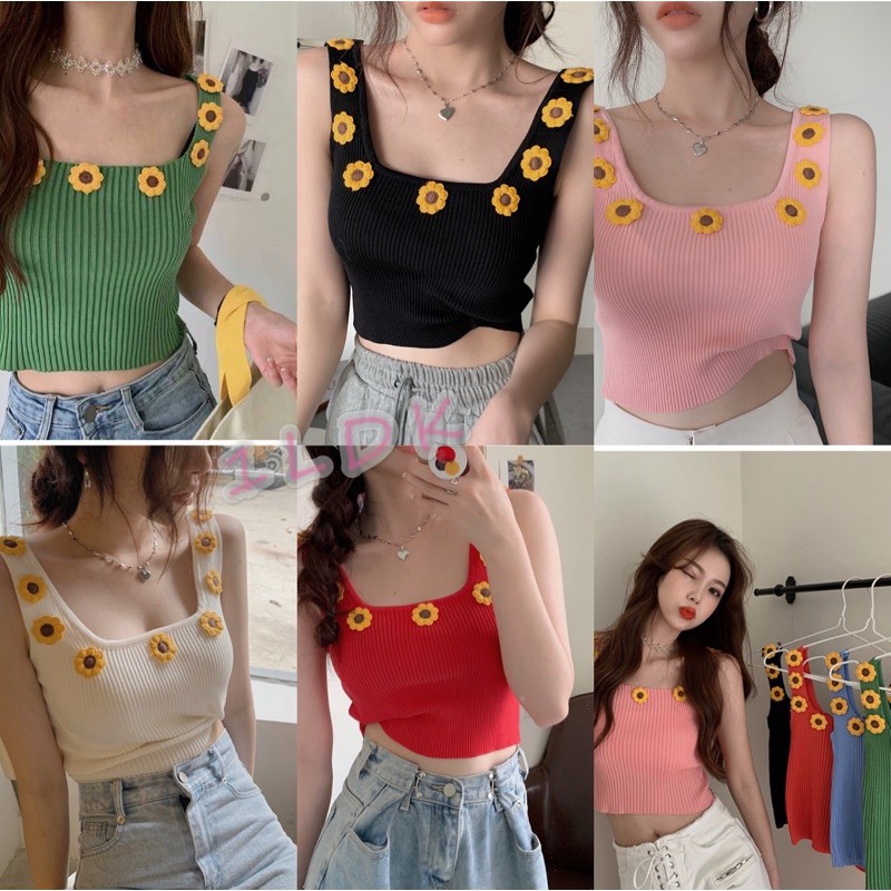 ✥1LDK🌈พร้อมส่ง🌈เสื้อกล้าม แต่งดอกไม้ รอบคอ (7193)