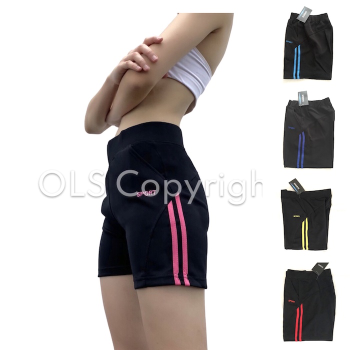 Sports กางเกงออกกำลังกายขาสั้น ผู้หญิง วิ่ง แอโรบิค ฟิตเนส สีดำ แต่งสตริปท์ มี 6สี