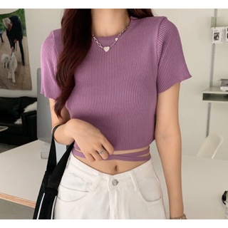 (พร้อมส่ง)📍ราคาพิเศษถึงเดือน พ.ย.📍 เสื้อครอปมีเชือกผูกเอว knitted crop top ผ้าร่องยืด