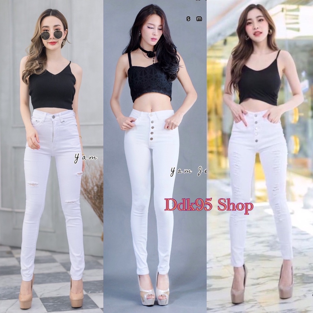 กางเกงยีนส์ขาเดฟสีขาวกระดุม/ซิป กางเกงเอวสูงผ้ายืด งานป้าย Yam‘s jeans