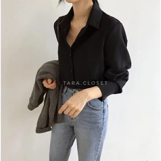 IT022 TARA Shirt Black เสื้อเชิ้ตสีดำคอปก แขนยาว สีคลาสสิค ใส่ได้ตลอด ผ้าไหมอิตาลี ผ้าใส่สบาย ไม่ร้อน