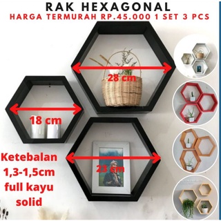 SHELV Rak dinding Hexagonal segi enam kayu tempel dinding minimalist 1 set 3 pcs [ d 18, d 23, d 28 ]