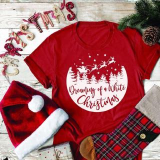 เสื้อยืดผ้าฝ้าย เสื้อยืดคริสต์มาสWomens Fashion Tops Christmas Letter Printed Short Sleeve T-Shirt Tops Blouse T shirts