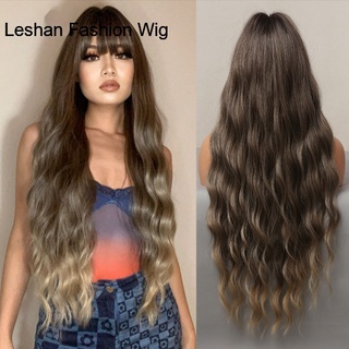 Long Water Wave Ombre Dark Brown Wigs for Black Women Afro Cosplay Daily Hair Wigs with Bangs High Temperature Fiber