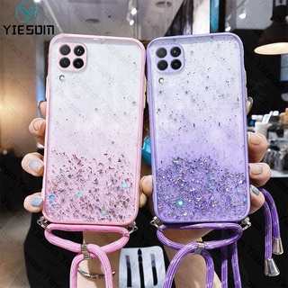 เคสโทรศัพท์มือถือแบบใส แต่งกลิตเตอร์ ไล่โทนสี หรูหรา พร้อมสายคล้อง สีดํา สําหรับ Samsung Galaxy A12 M12 A22 M32 M22 A42 5G 4G