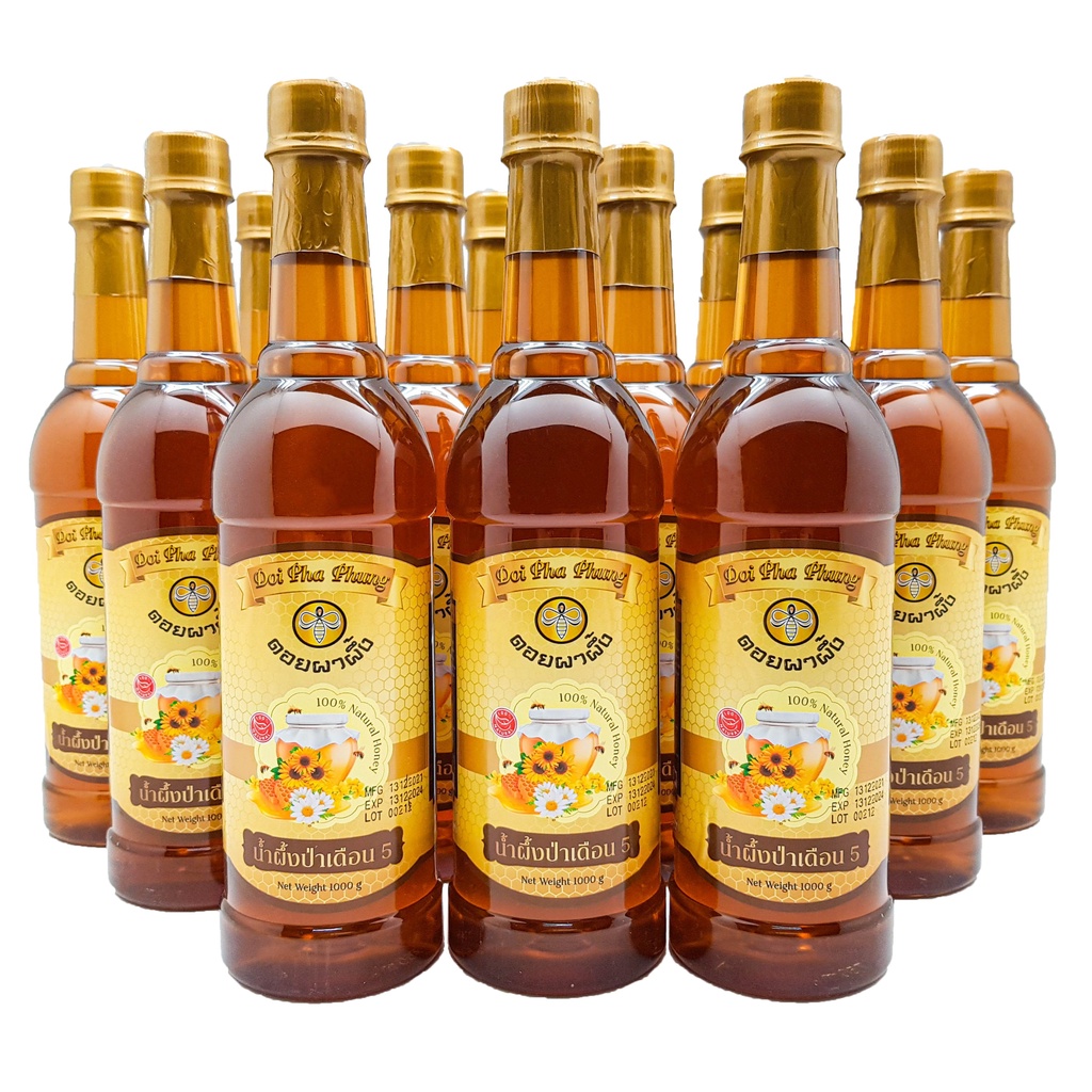 น้ำผึ้งป่าเดือน 5 แท้100% (สูตร 2) ชุด12ขวด ขนาด1000 กรัม ตราดอยผาผึ้ง