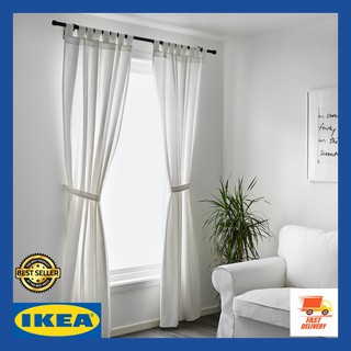 IKEA ของแท้ LENDA เลนด้า ม่านคู่พร้อมสายรวบม่าน, ขาว 140x250 ซม.