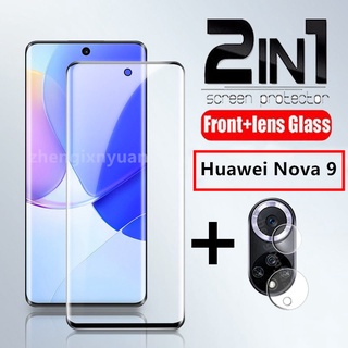 2in1 ฟิล์มกระจกนิรภัย 9H ขอบโค้ง แบบเต็มจอ สำหรับ Huawei Nova 9 Camera Lens Protective Film for Nova9 NAM-AL00 NAM-LX9 Tempered Glass Protective Film