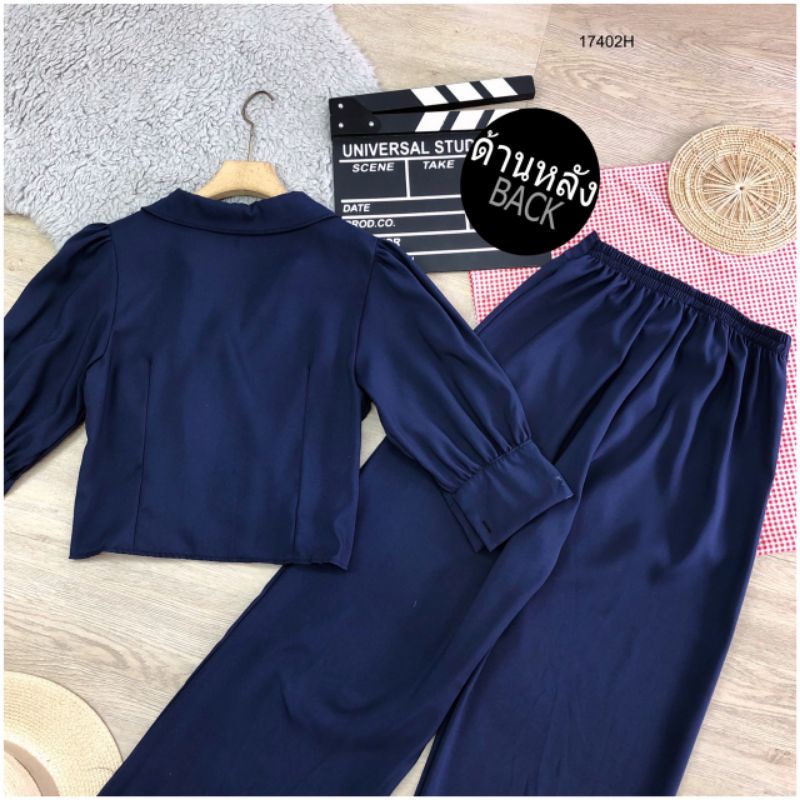 ชุดเซท (มีหลายสี) เสื้อคอปกสูท แขนพอง ทรงครอป + กางเกงขายาว ชุดทำงาน มีดีไซน์เรียบหรู เสื้อผ้าแฟชั่น 17402 - รูปที่ 3