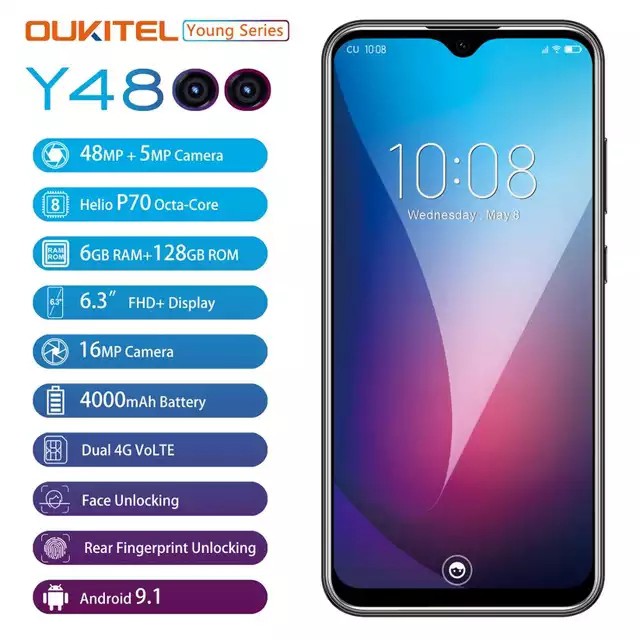 OUKITEL Y4800 4G กันน้ำ สมาร์ทโฟน จอ 6.3นิ้ว 6GB แรม 128GB รอม แบตอึด4000mAh แอมป์ Android 9.0 Octa Core