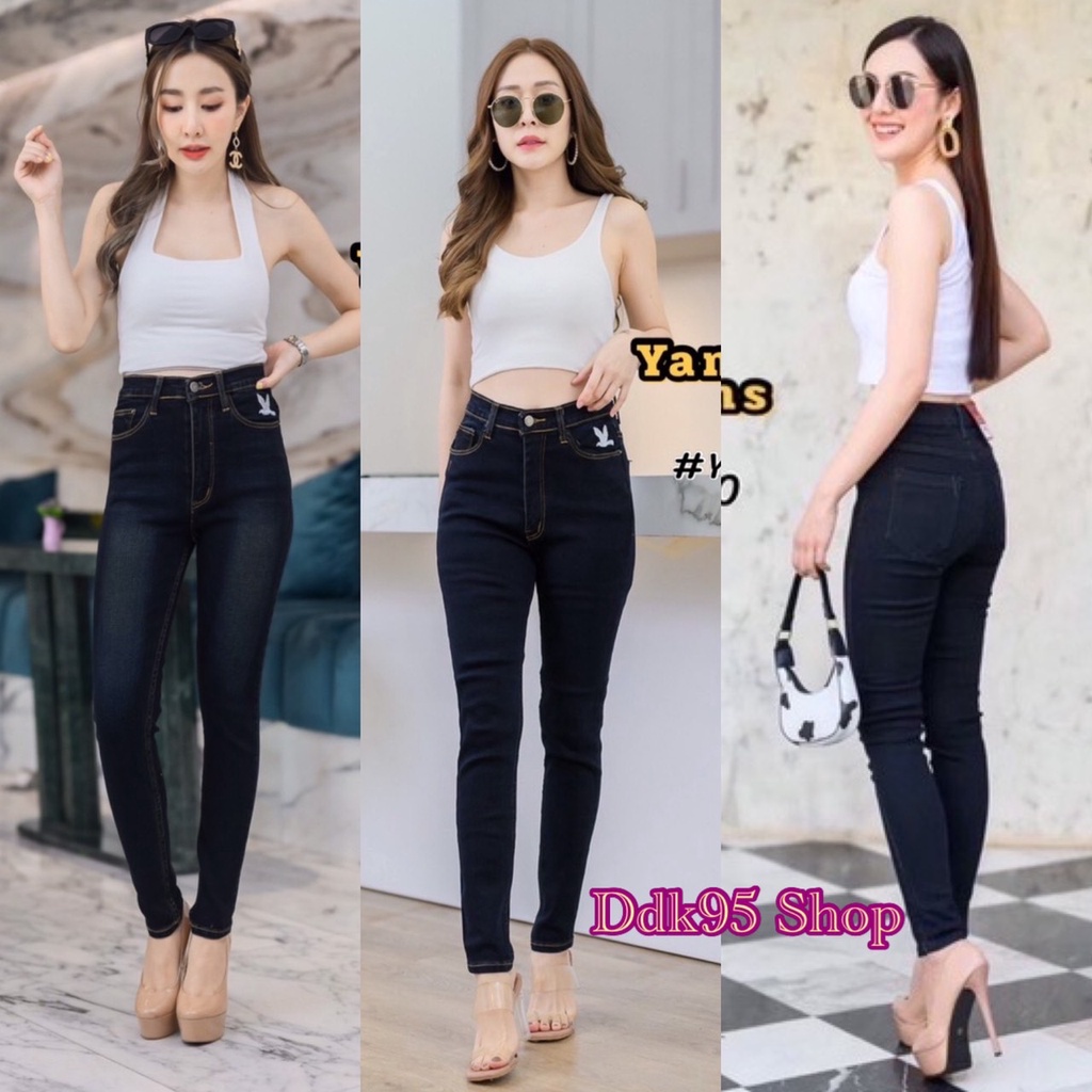 กางเกงยีนส์ขาเดฟ สีดำซิป/กระดุมผ้าซาร่าปักนก กางเกงเอวสูง งานป้าย Yam‘s jeans