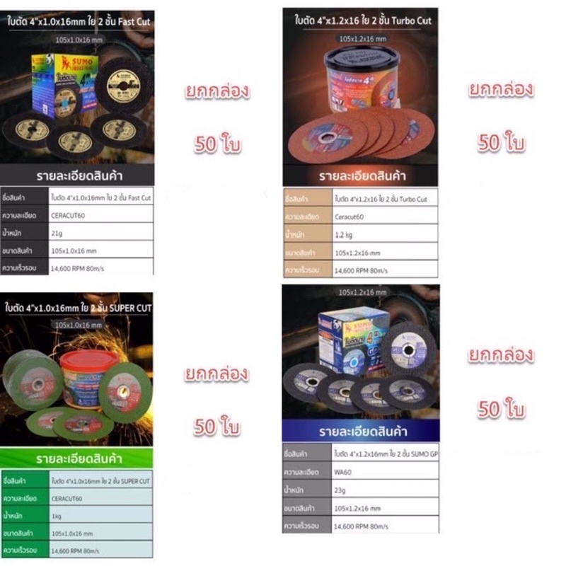 ใบตัดบาง SUMO 4 นิ้ว ยกกล่อง 50 ใบ ใบตัดสแตนเลส แผ่นตัดบาง ใบตัดเหล็ก แผ่นตัด gto ใย 2 ชั้น fast turbo super turbo/b