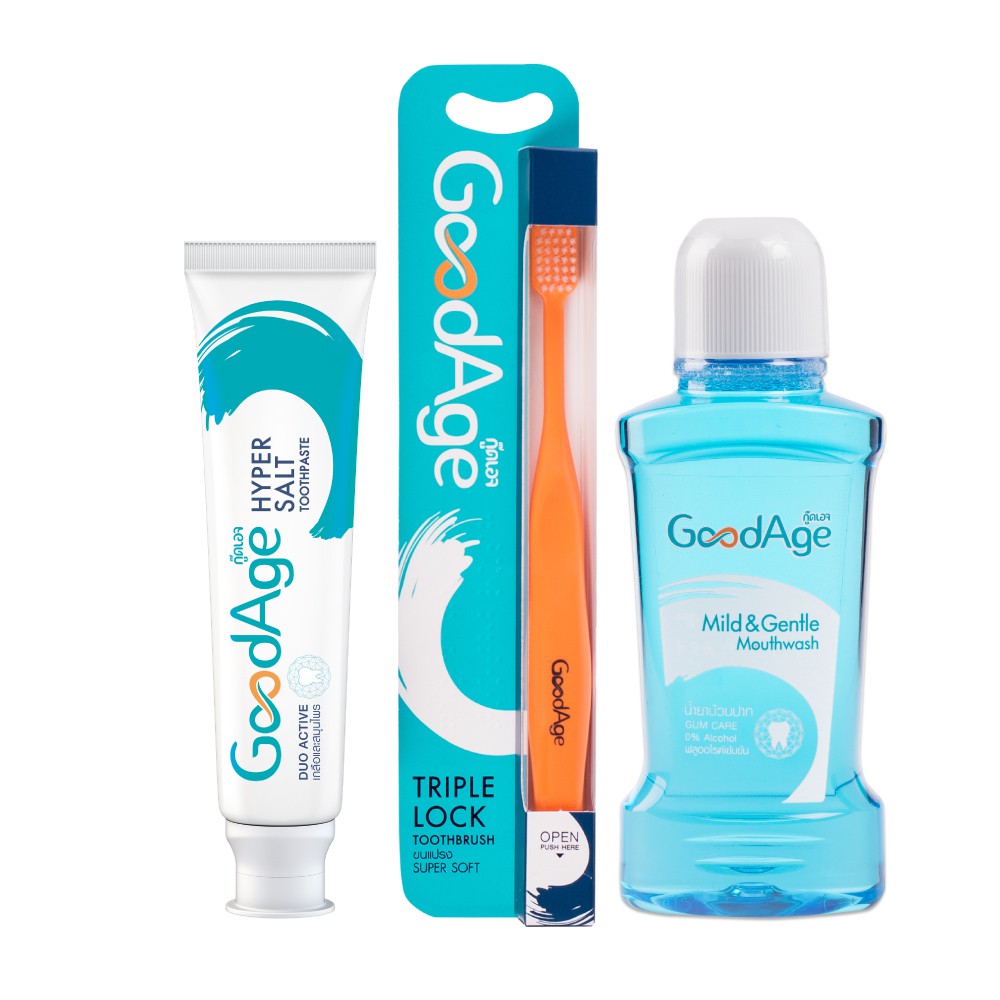 GoodAge Set ผลิตภัณฑ์ ดูแลช่องปาก สำหรับวัย 50+ แปรงสีฟัน 1 ด้าม + ยาสีฟัน 90 กรัม + น้ำยาบ้วนปาก 250 มล. LIONSOS