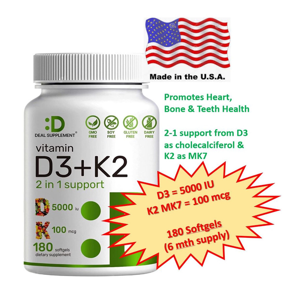 Vitamin D3 K2 Softgel, 180 Counts, 2-1 Complex, Vitamin D3 5000 IU & Vitamin K2 MK7 / Deal Supplemen