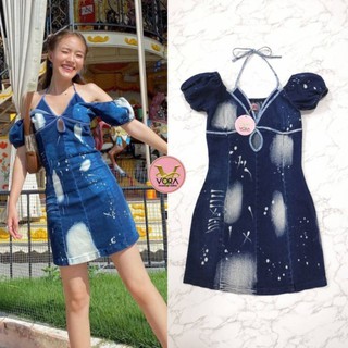 VORA (วอร่า): Dress ยีนส์แขนสั้น แต่งสายคล้องคอ