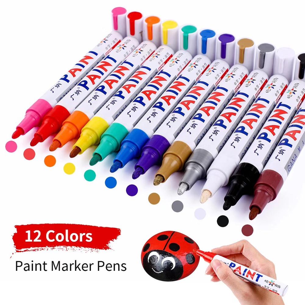 12 สี ปากกามาร์กเกอร์หมึกถาวรกันน้ําสีสันสดใส DIY อัลบั้ม Grafti โลหะ Tyre ปากกามาร์กเกอร์