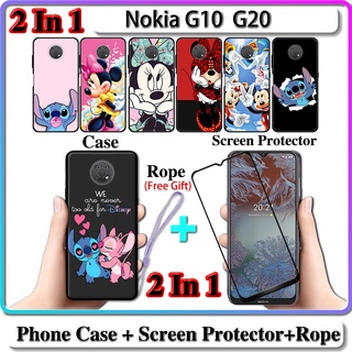 2 IN 1 เคส Nokia G10 G20 พร้อมกระจกนิรภัยกันรอยหน้าจอโค้ง เซรามิค ลายสติทช์ และมินนี่