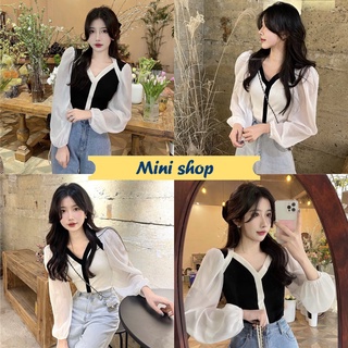 Mini shop🌸พร้อมส่ง🌸 (7263) เสื้อไหมพรมคอวี แขนยาวซีทรูเล็กๆ สไตล์สาวโคเรียน่ารัก -C