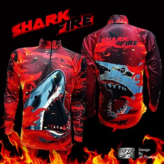 เสื้อตกปลา JK Thailand  เสื้อสำหรับกีฬากิจกรรมกลางแจ้ง ลาย Shark Fire ป้องกันรังสี UV 80% แห้งเร็ว