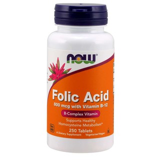 🌈ส่งไว แท้ชัวร์!!!   Now Foods, Folic Acid กรดโฟลิก with Vitamin B-12, 800 mcg, 250เม็ด