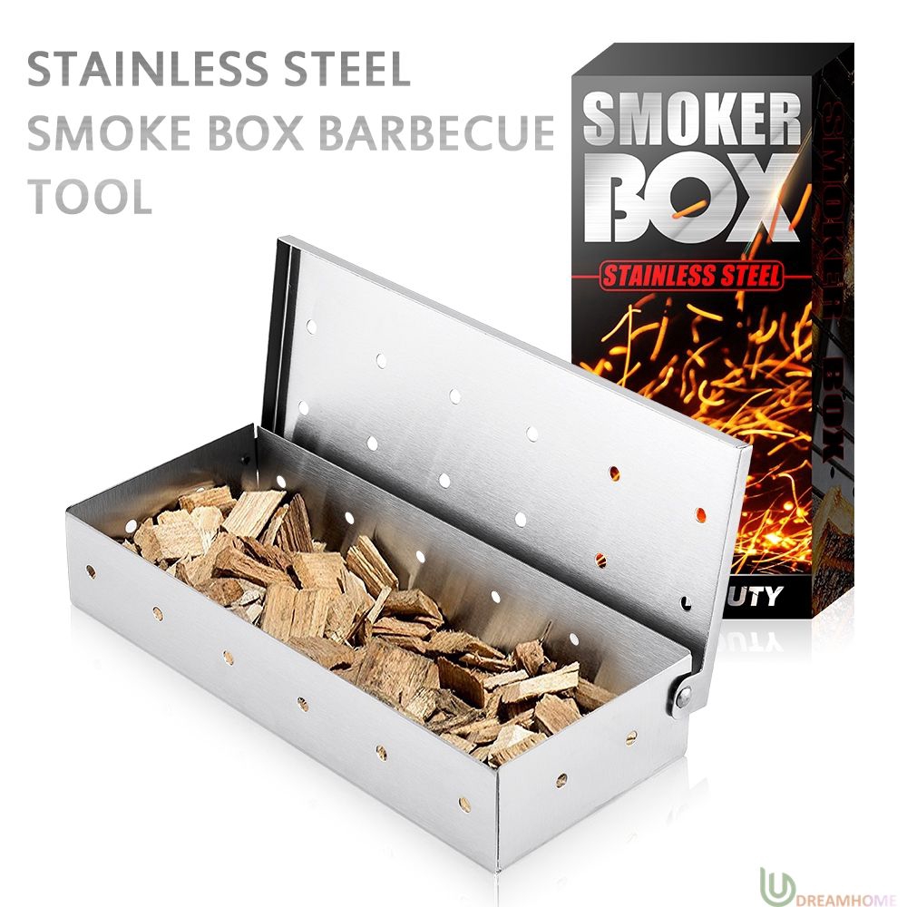 Dream☛ Stainless Steel BBQ Grill Smoker Box for Wood Chips Hinged Lid Smoking Meat ☚Home