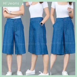 กางเกง 4 ส่วนยีนส์เทียมสลาฟเนื้อผ้านิ่มไม่หนาใส่สบาย ตีเกล็ดด้านหน้า ถักเปียขอบกระเป๋ากางเกง ใส่สบาย