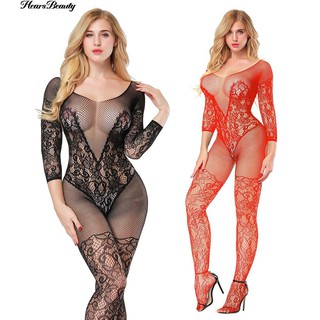 Hearsbeauty เย็บปักถักร้อยหญิงสาวตาข่ายกลวง Bodystocking ดูผ่านบอดี้สูท