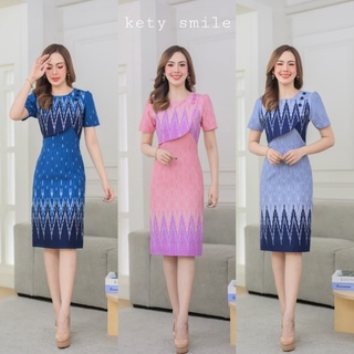 Kety Smile เดรสผ้ามัดหมี่แต่งกั๊ก พิมลายสวยน่ารัก ไม่ตกยุค อัดกาวอย่างดี  (S-2XL) N400