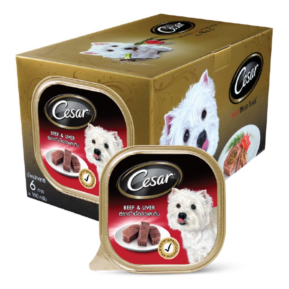 ซีซาร์ อาหารสุนัข รสเนื้อวัวและตับ 100 กรัม (6 ถาด) Caesar Dog Food Beef & Liver Flavor 100g. (6 Tra