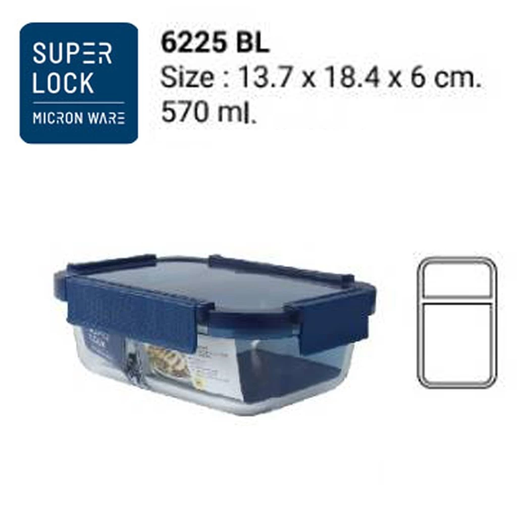 Superlock Glass รุ่น 6225 กล่องแก้วถนอมอาหารมีช่องแบ่ง 2 ช่อง ทรงผืนผ้าล็อก 2 ชั้นรุ่น Color Series ความจุ 570 มล. สีฟ้า