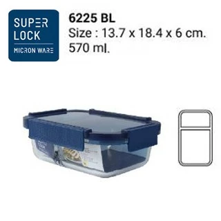 Superlock Glass รุ่น 6225 กล่องแก้วถนอมอาหารมีช่องแบ่ง 2 ช่อง ทรงผืนผ้าล็อก 2 ชั้นรุ่น Color Series ความจุ 570 มล. สีฟ้า