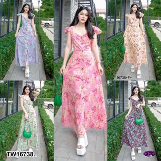 TT16738 แม็กซีเดรส ลายดอก แขนกุดแต่งระบาย.Floral print maxi dress, sleeveless, decorated with fringe..