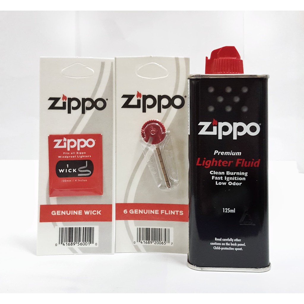 น้ำมันไฟแช็ค Zippo ของแท้ Made in USA Zippo Lighter Fluid 125 ml +ถ่านไฟแช็ค Zippo Flints +ไส้ไฟแช็ค