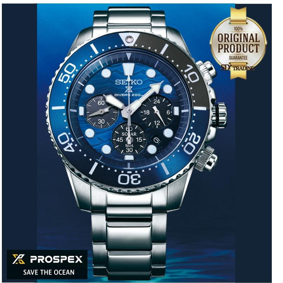 SEIKO Prospex รุ่น SSC741P1 Save The Ocean Special Edition Solar Chronograph - Silver/Navy Blue *แถมฟรี เสื้อยืดSEIKO 1ต