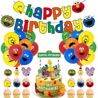 Sesame Street Party Theme Party Supplies Balloon Flag Kids Birthday Party Room Background Decoration Set Cake Topper Banner